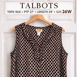 Talbots 100% Silk Polka Dot Sleeveless Blouse Size 24W Brown Ruffle Neck Top